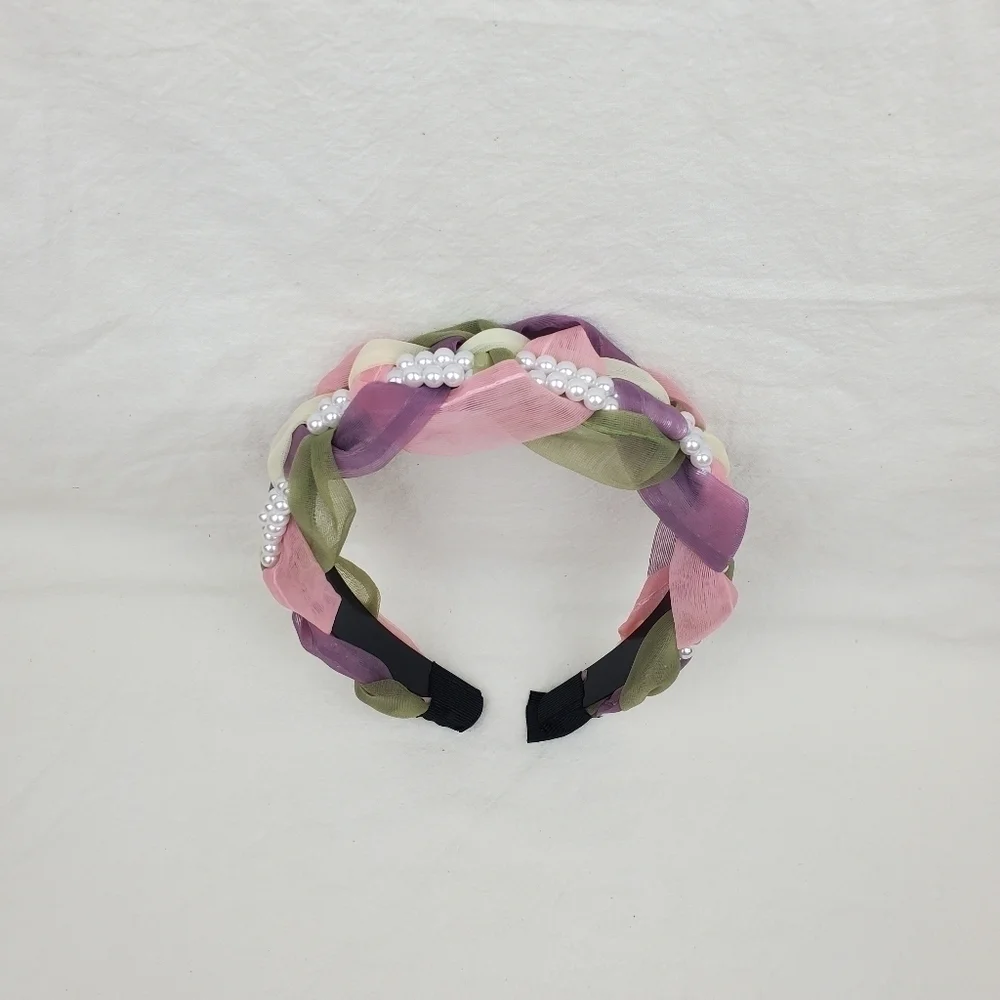 Faux pearl wide braided color block headband hair accessories